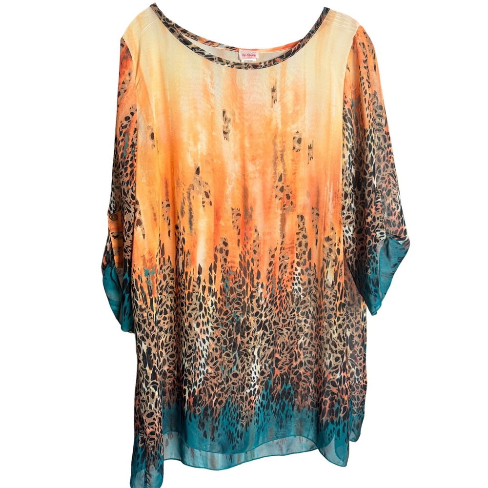 R Rouge USA Animal Print Tunic Women 2XL Orange Teal Polyester Boho
